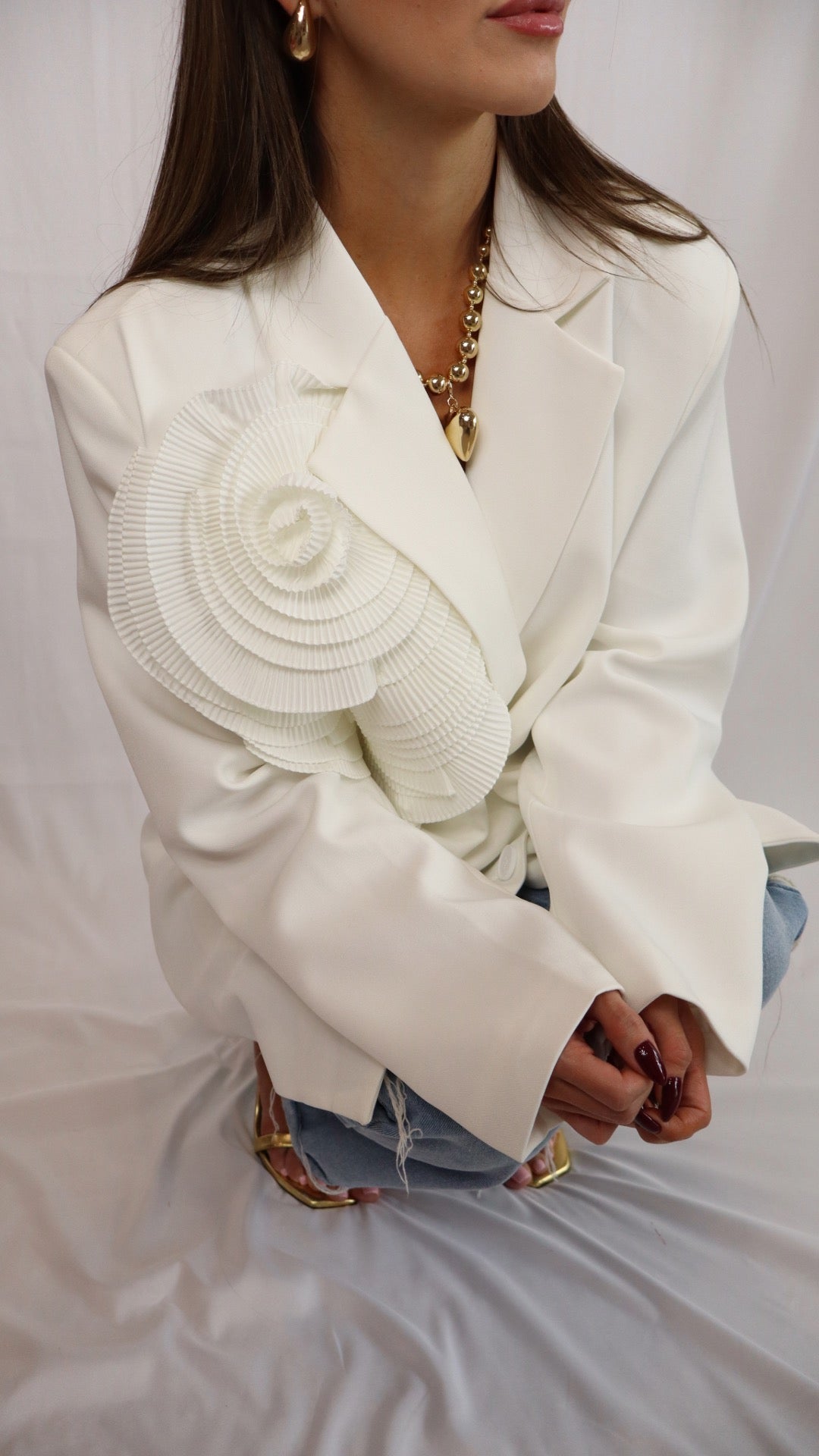 White 3D Flower Blazer